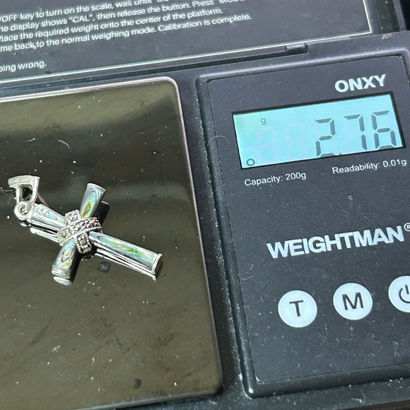 925 Sterling Silver Abalone Marcasite  MOP Cross Pendant Iridescent - Picture 6 of 6